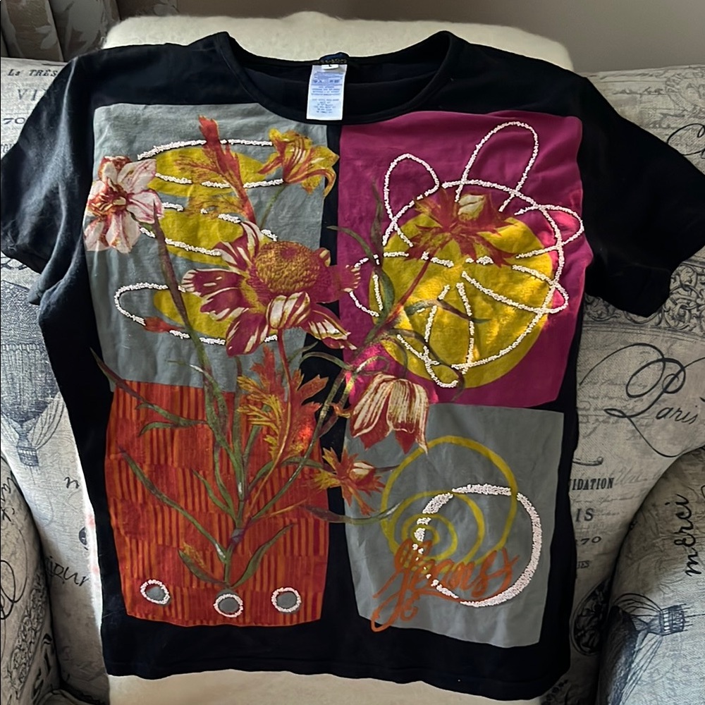 Black Graphic Floral Tee with Yellow & Magenta Accents